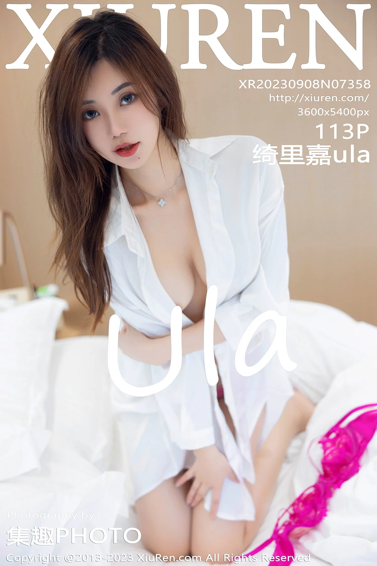 XiuRen第7358期_女神绮里嘉性感白T露玫红内衣配超薄肉丝秀曼妙身姿诱惑写真113P