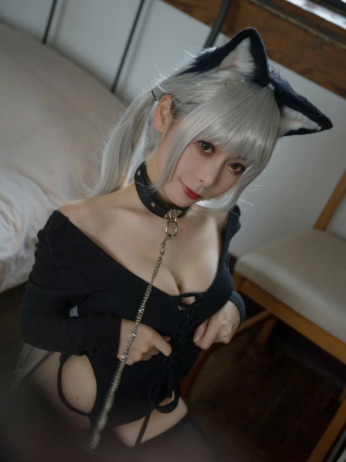 Coser美女樱岛嗷一黑猫针织衫连体衣主题私房性感黑色连体衣秀翘臀诱惑写真57P