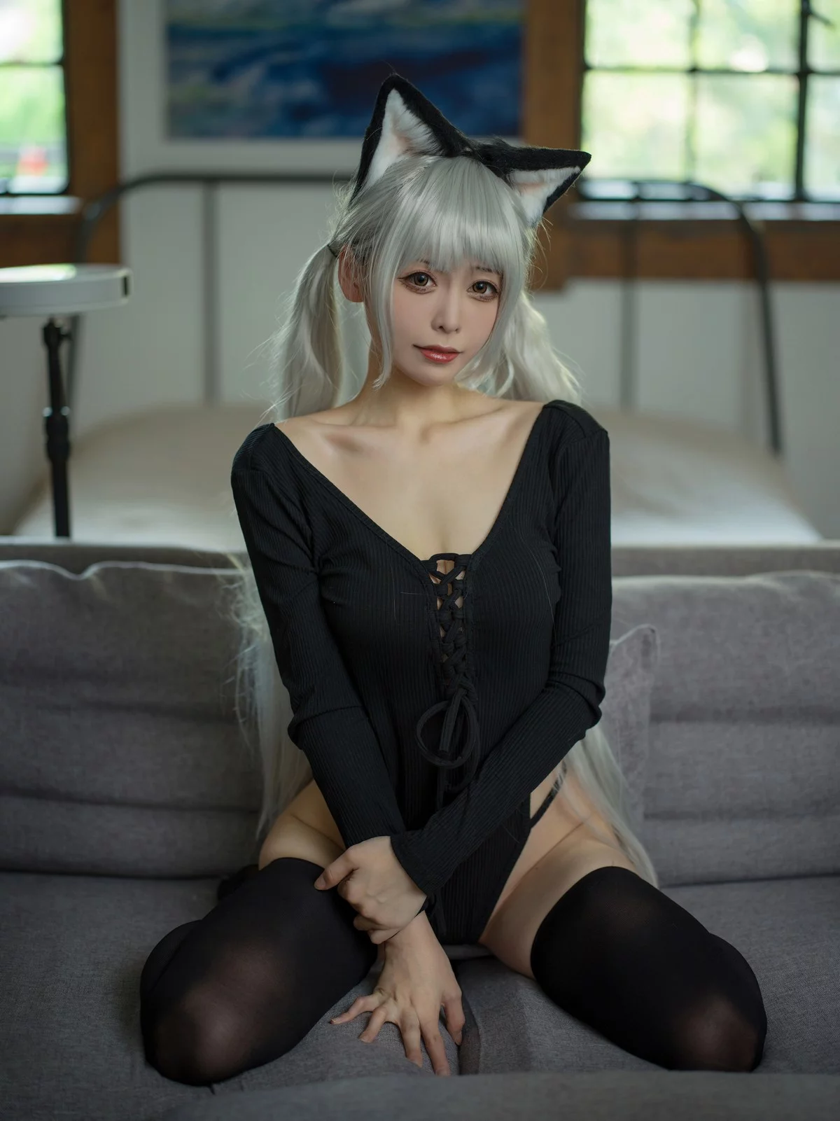 Coser美女樱岛嗷一黑猫针织衫连体衣主题私房性感黑色连体衣秀翘臀诱惑写真57P