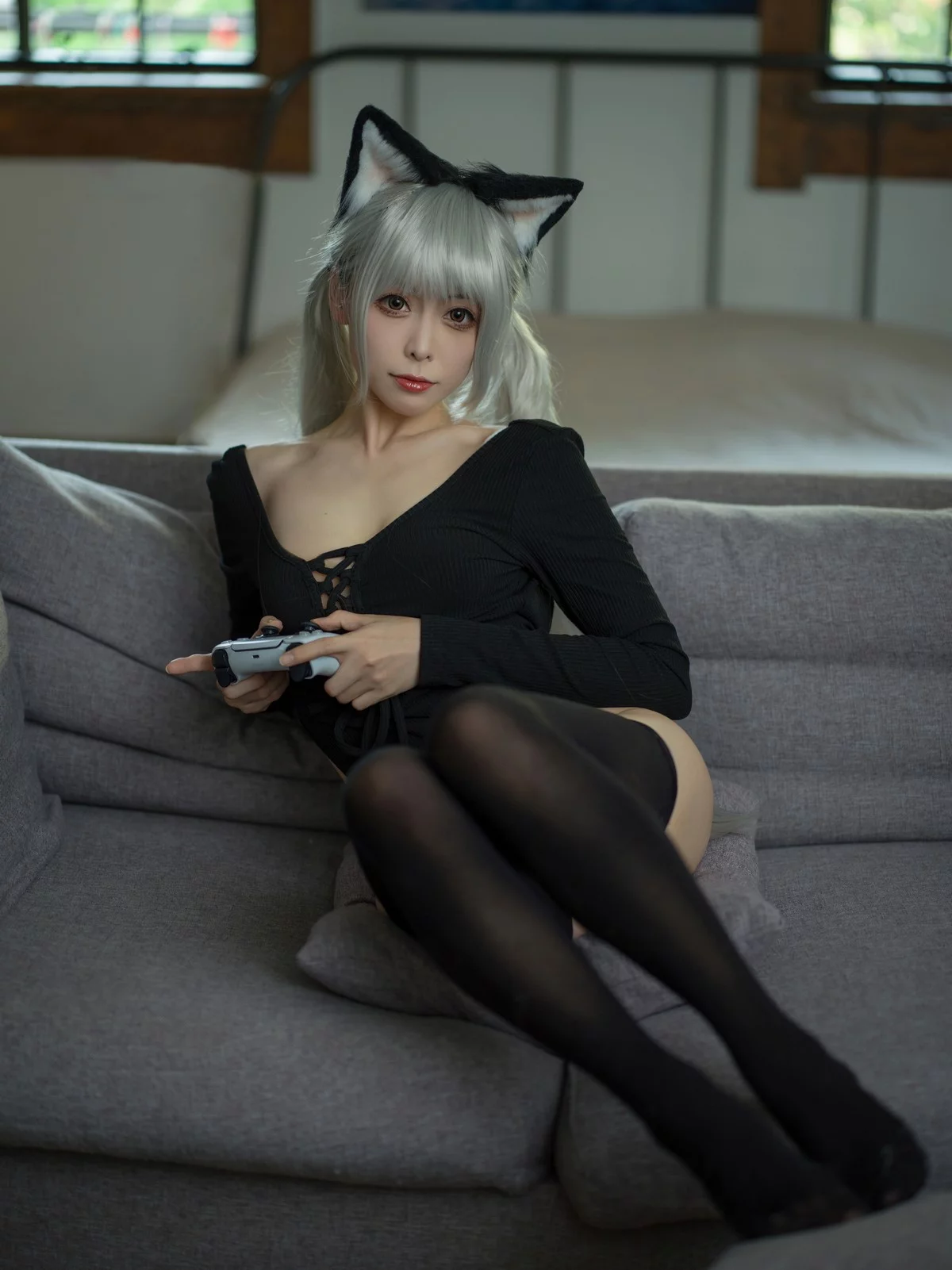 Coser美女樱岛嗷一黑猫针织衫连体衣主题私房性感黑色连体衣秀翘臀诱惑写真57P