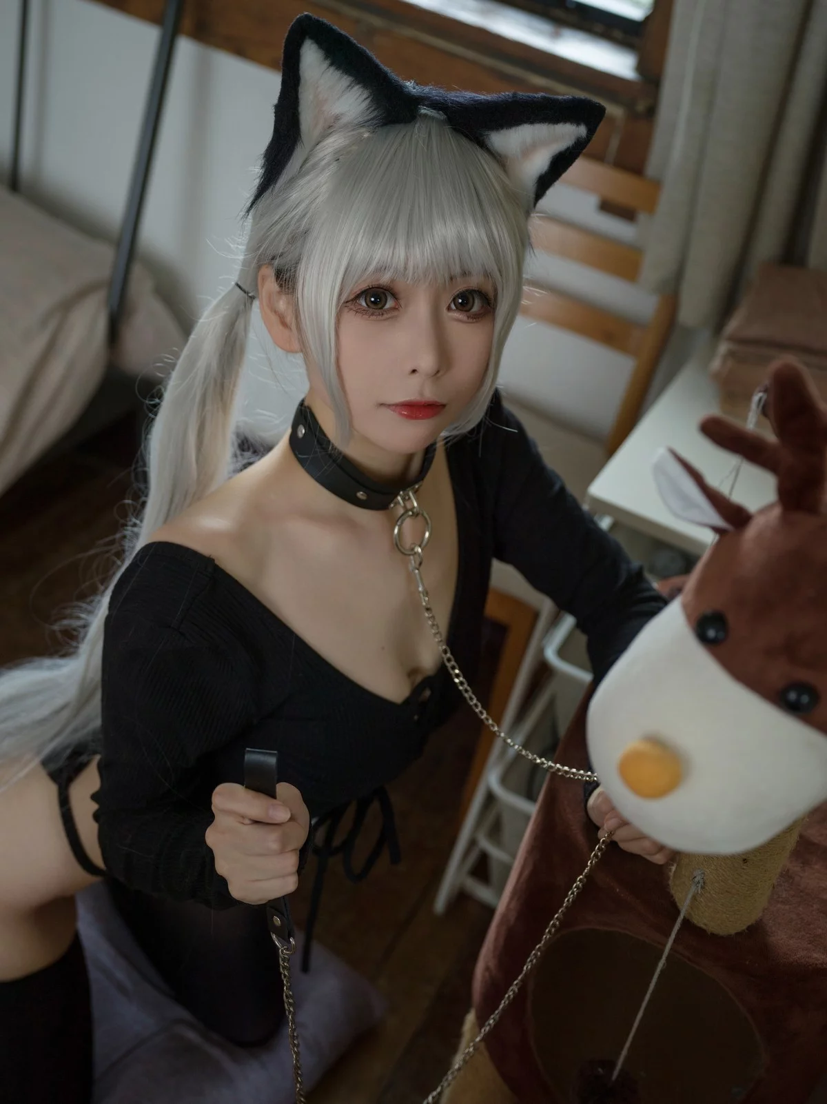 Coser美女樱岛嗷一黑猫针织衫连体衣主题私房性感黑色连体衣秀翘臀诱惑写真57P