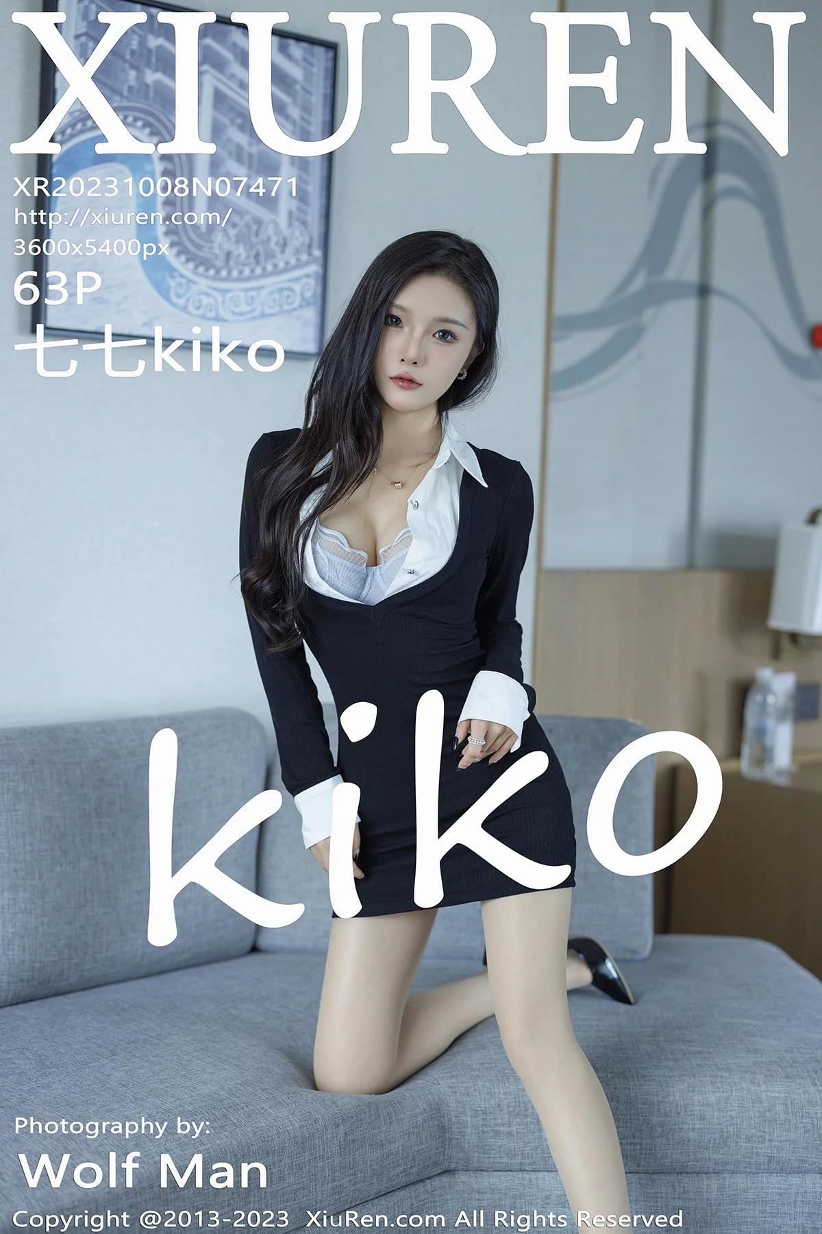 XiuRen第7471_模特七七kiko黑色连衣短裙露淡蓝色内衣配超薄肉丝惹火诱惑写真63P