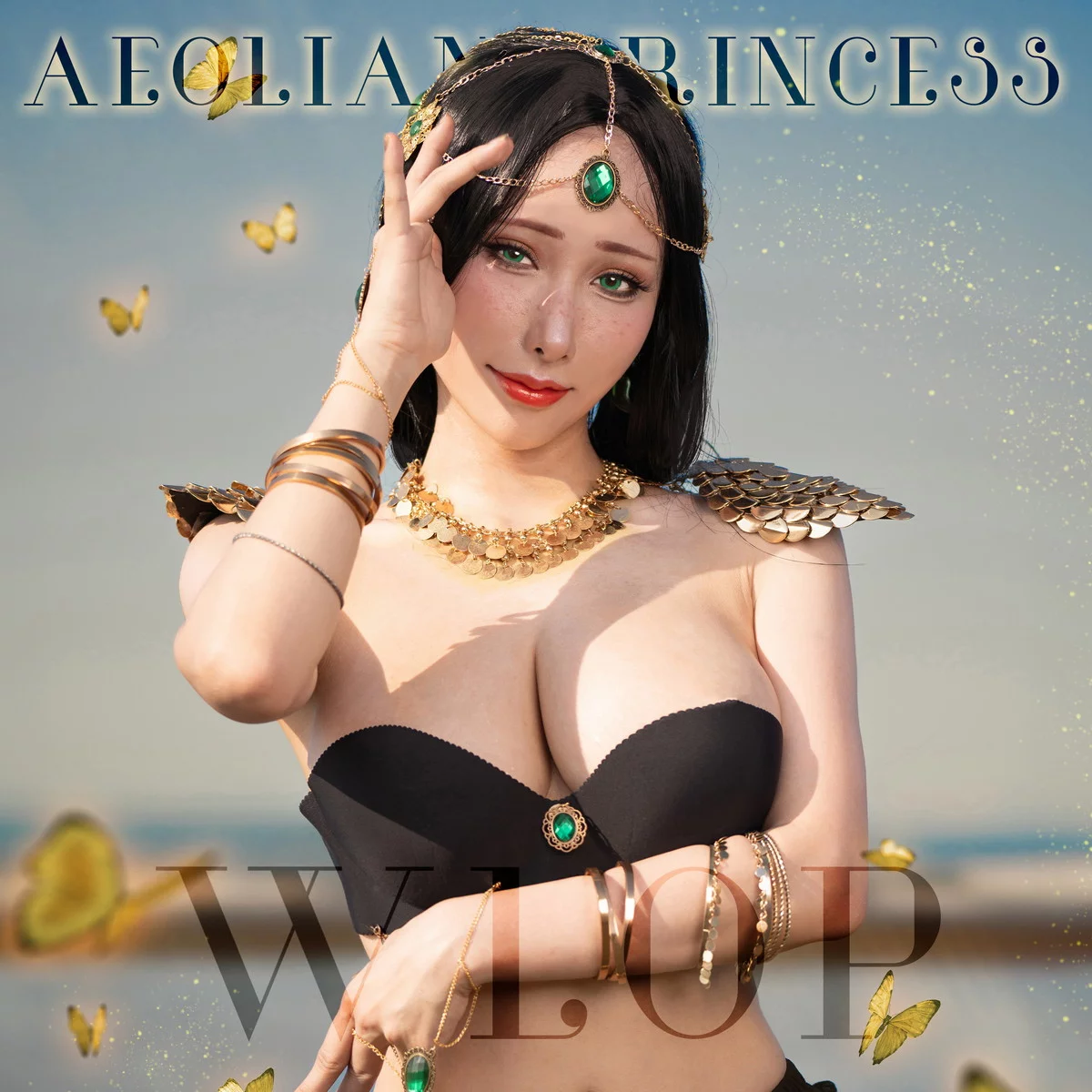 Coser美女雨波_HaneAme鬼刀王凌主题海边性感黑色内衣秀丰满身材诱惑写真31P