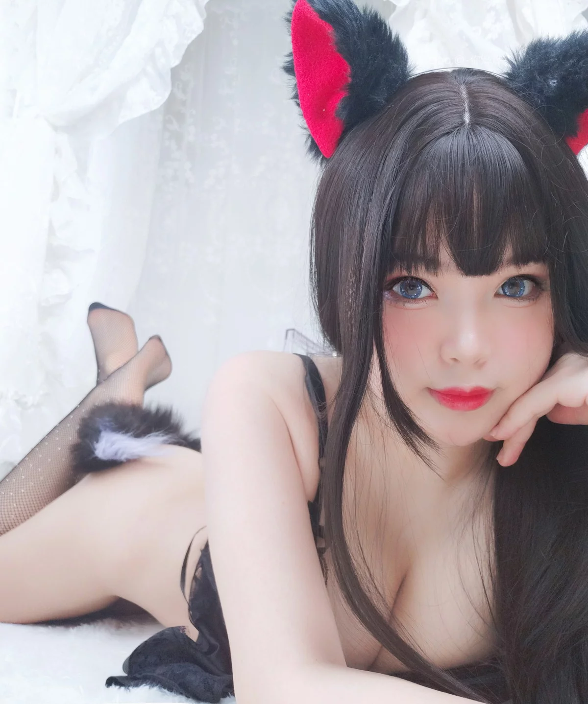 萌系小姐姐白烨黑系猫咪少女主题黑色蕾丝薄纱配黑丝网袜秀惹火身材诱惑写真62P