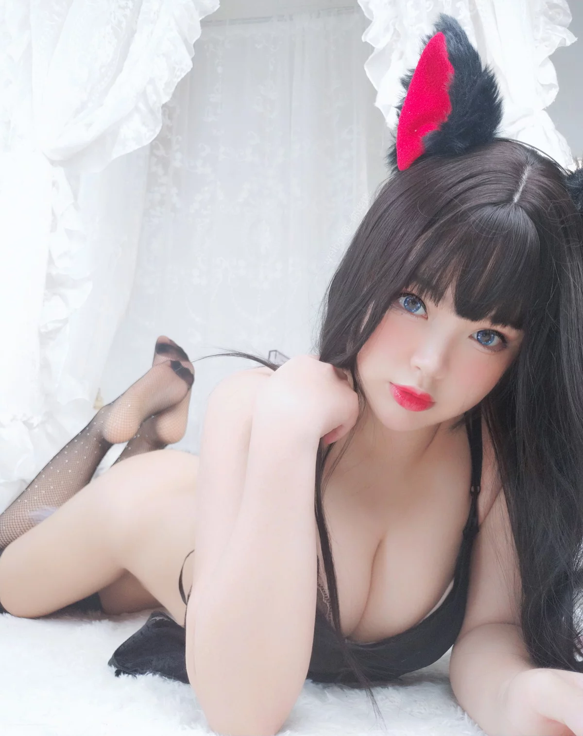 萌系小姐姐白烨黑系猫咪少女主题黑色蕾丝薄纱配黑丝网袜秀惹火身材诱惑写真62P