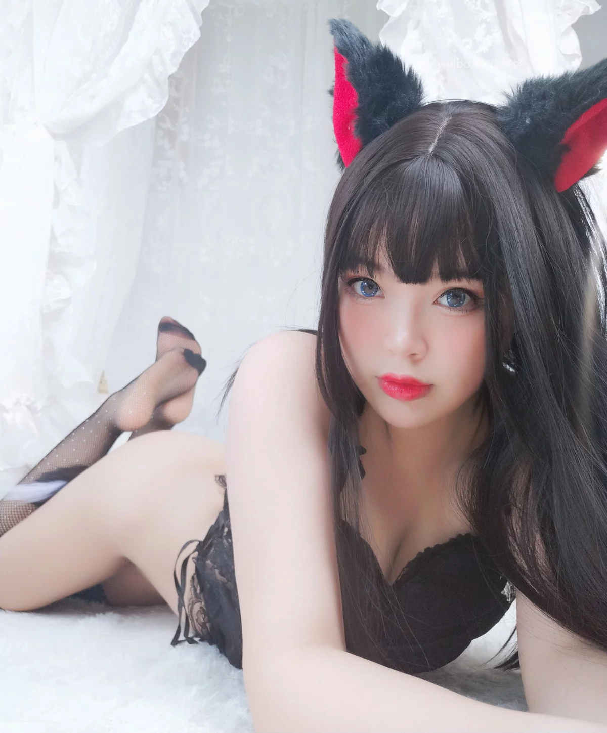萌系小姐姐白烨黑系猫咪少女主题黑色蕾丝薄纱配黑丝网袜秀惹火身材诱惑写真62P