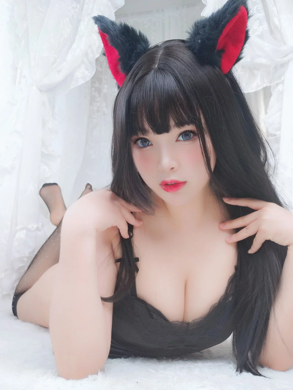 萌系小姐姐白烨黑系猫咪少女主题黑色蕾丝薄纱配黑丝网袜秀惹火身材诱惑写真62P