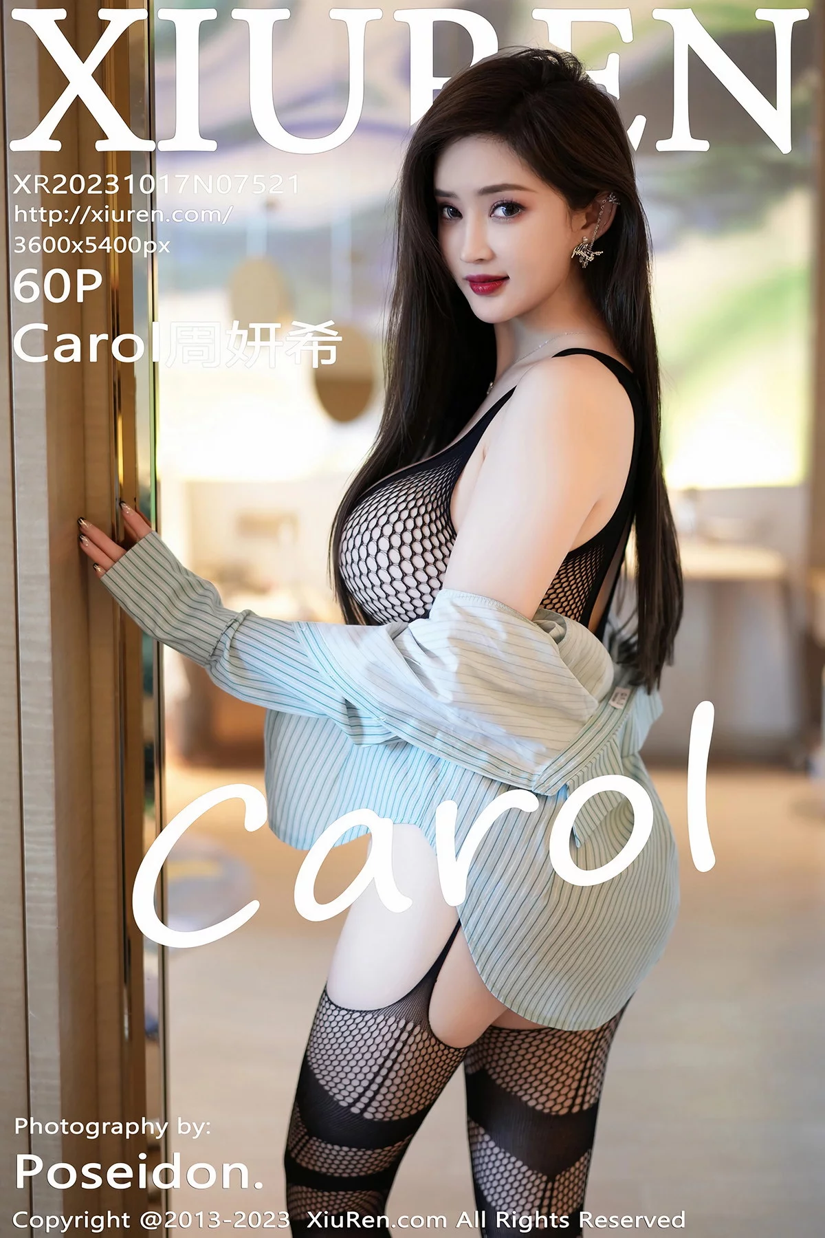 XiuRen第7521期_女神Carol周妍希黑色网格情趣服配黑丝网袜秀丰满身材诱惑写真60P