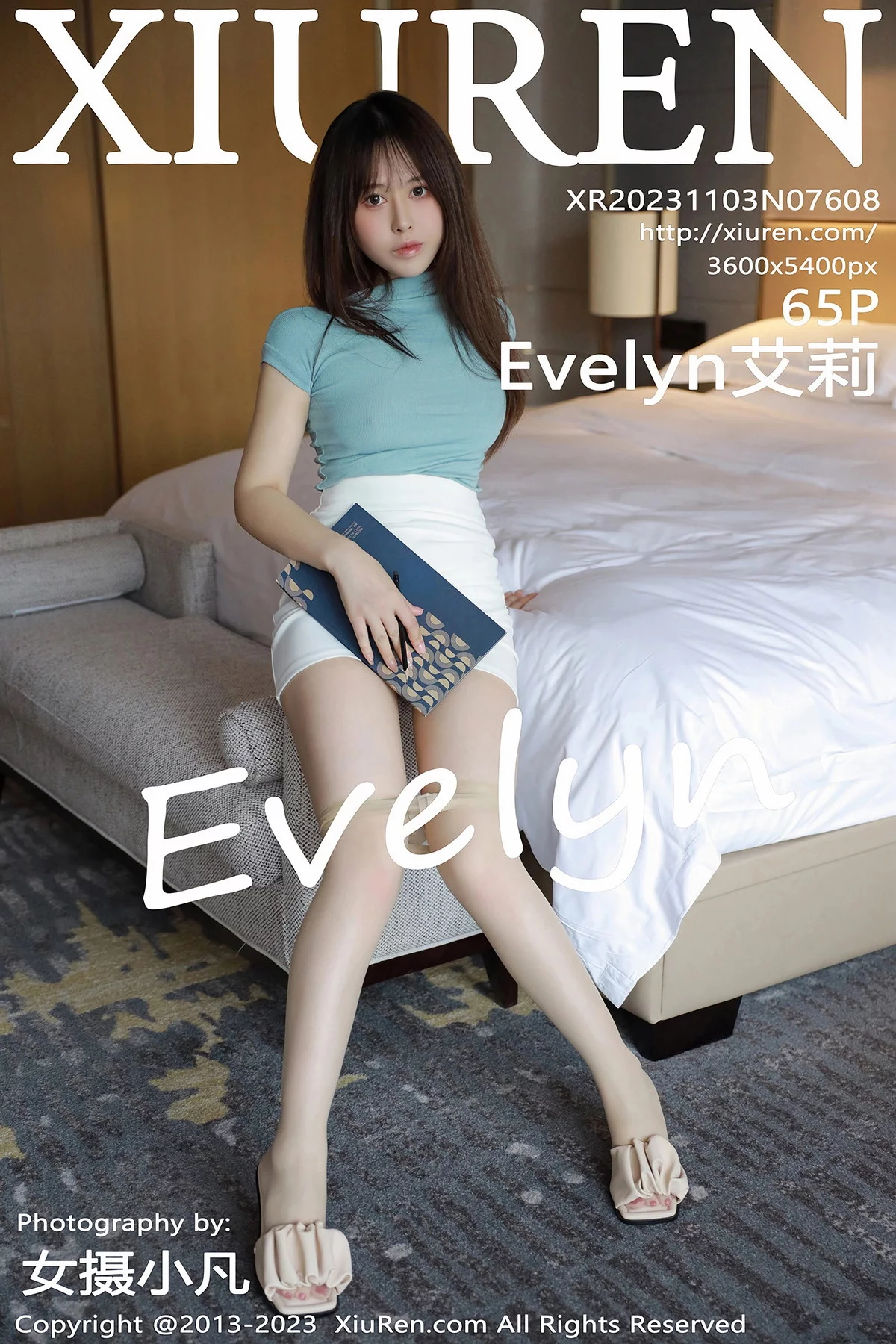 XiuRen第7608期_女神Evelyn艾莉蓝色上衣配白短裙露超薄肉丝秀翘臀惹火诱惑写真65P