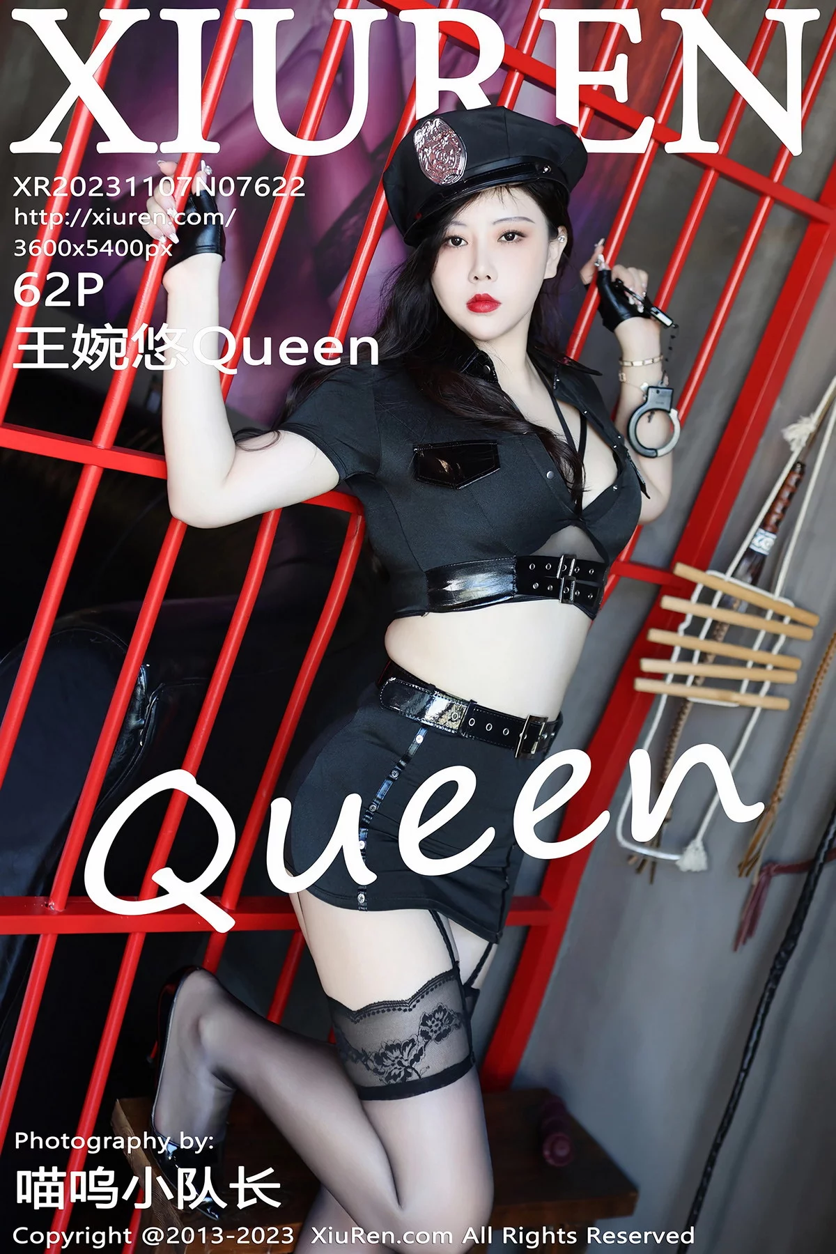XiuRen第7622期_模特王婉悠Queen黑色情趣制服露蕾丝内衣配黑丝吊袜诱惑写真62P