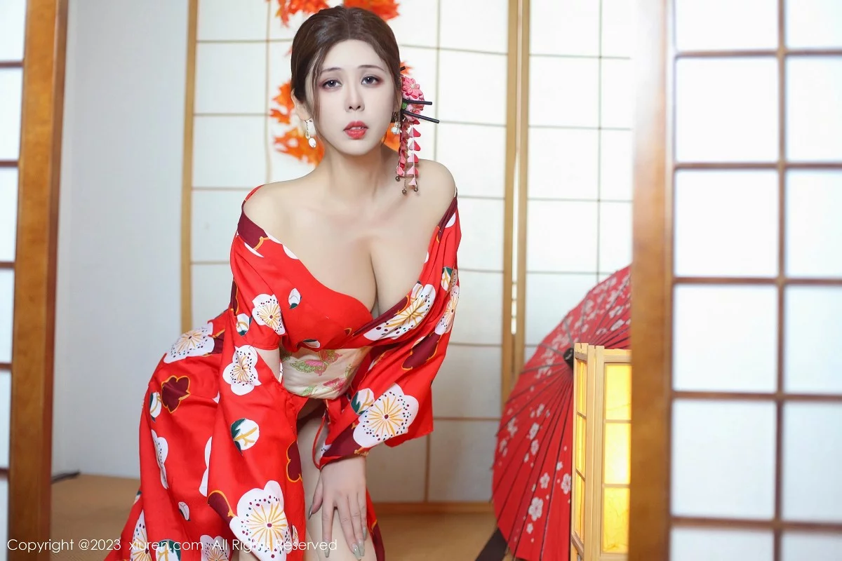 XiuRen第7736期_模特月野兔美妞性感红色和服配蕾丝肉丝袜秀曼妙身姿诱惑写真54P