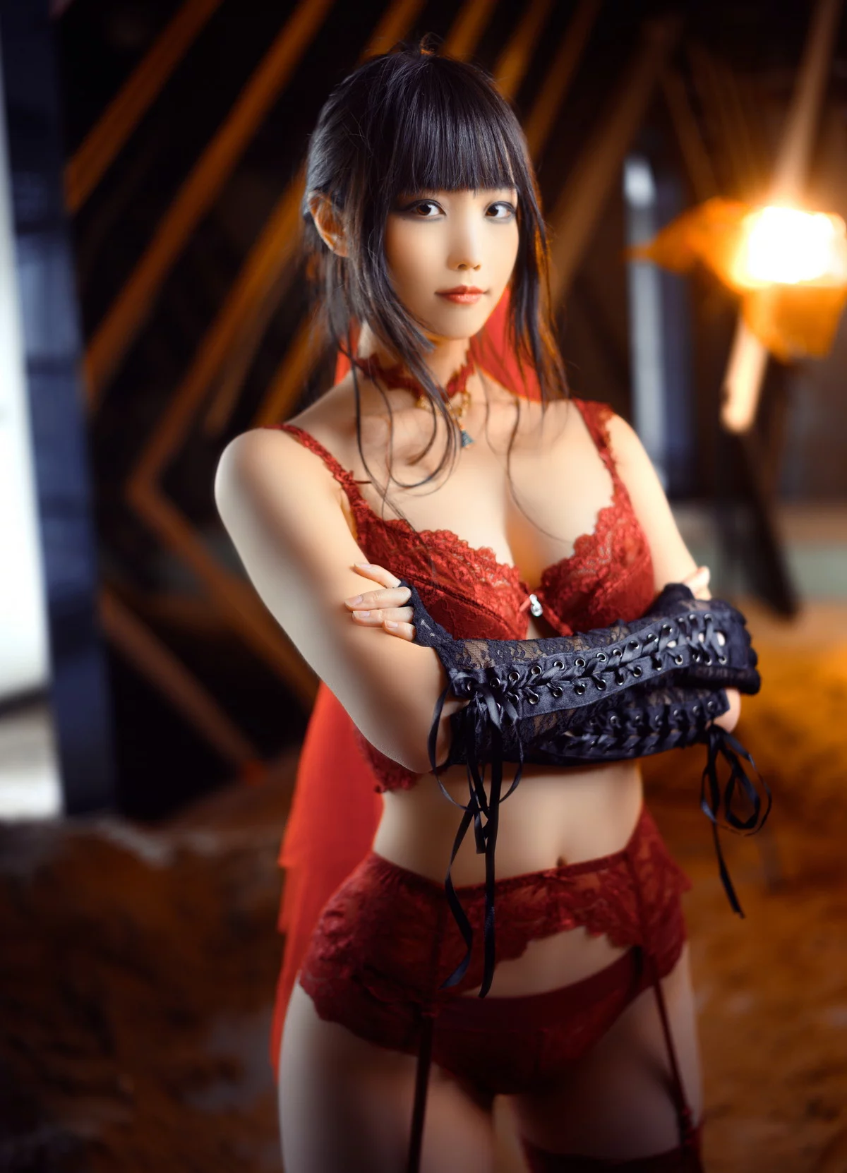 网络美女汪知子废墟新娘主题性感红色蕾丝情趣内衣配红丝吊袜秀惹火身材诱惑写真30P