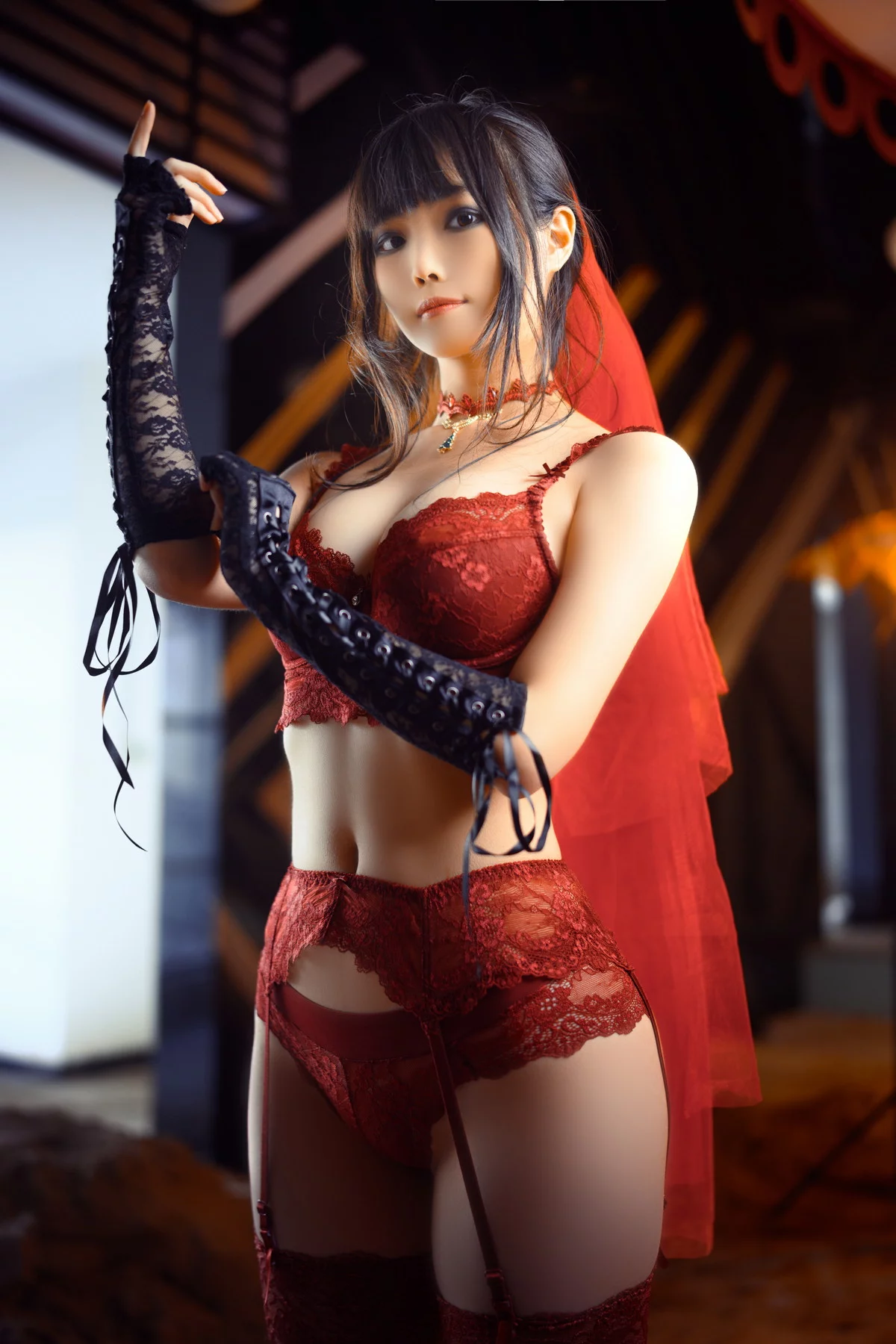 网络美女汪知子废墟新娘主题性感红色蕾丝情趣内衣配红丝吊袜秀惹火身材诱惑写真30P