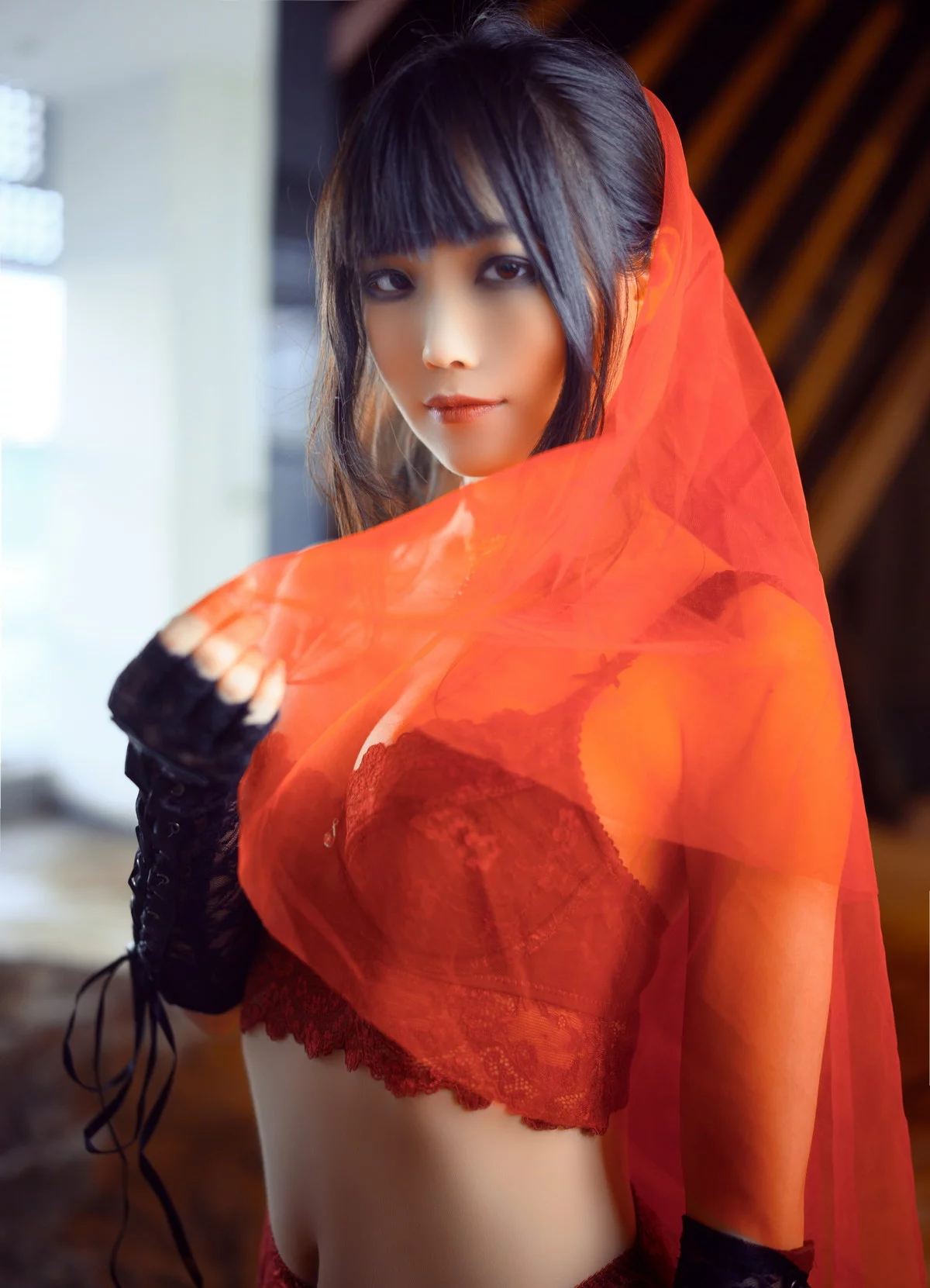 网络美女汪知子废墟新娘主题性感红色蕾丝情趣内衣配红丝吊袜秀惹火身材诱惑写真30P