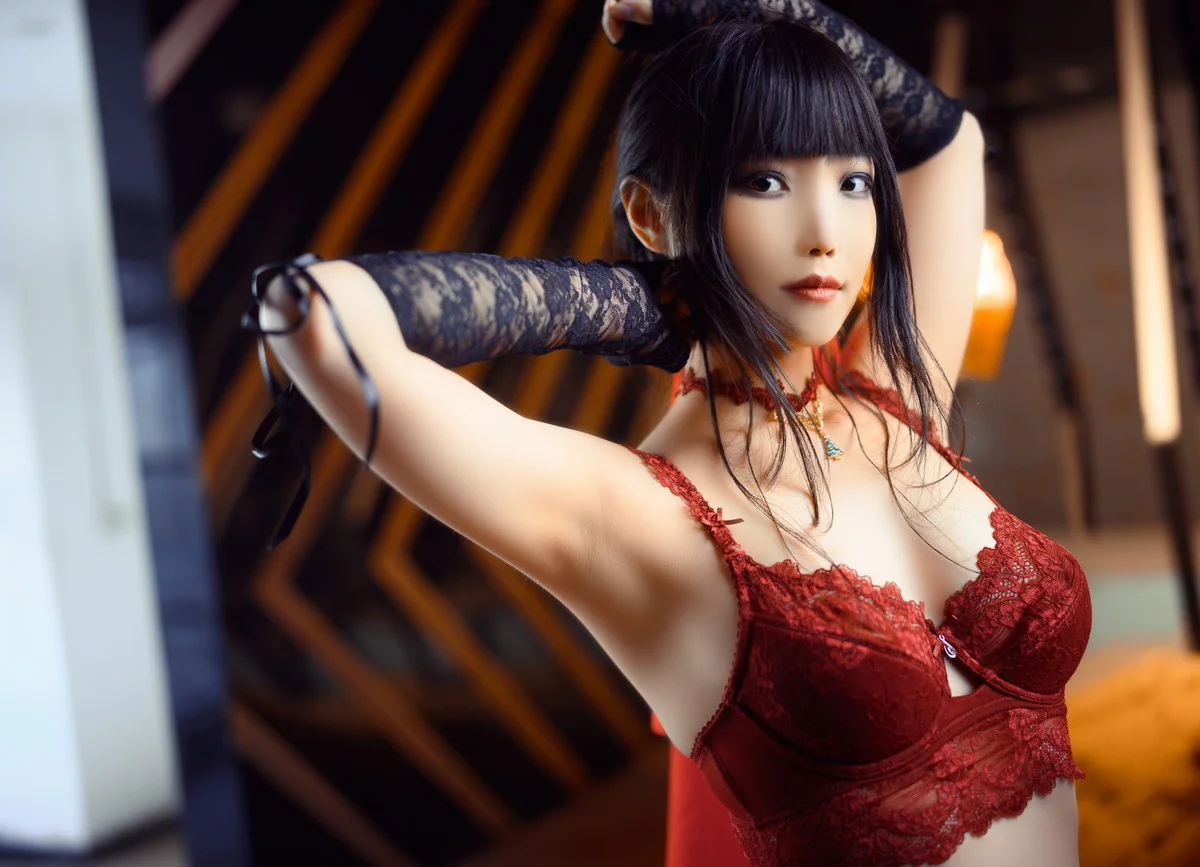 网络美女汪知子废墟新娘主题性感红色蕾丝情趣内衣配红丝吊袜秀惹火身材诱惑写真30P