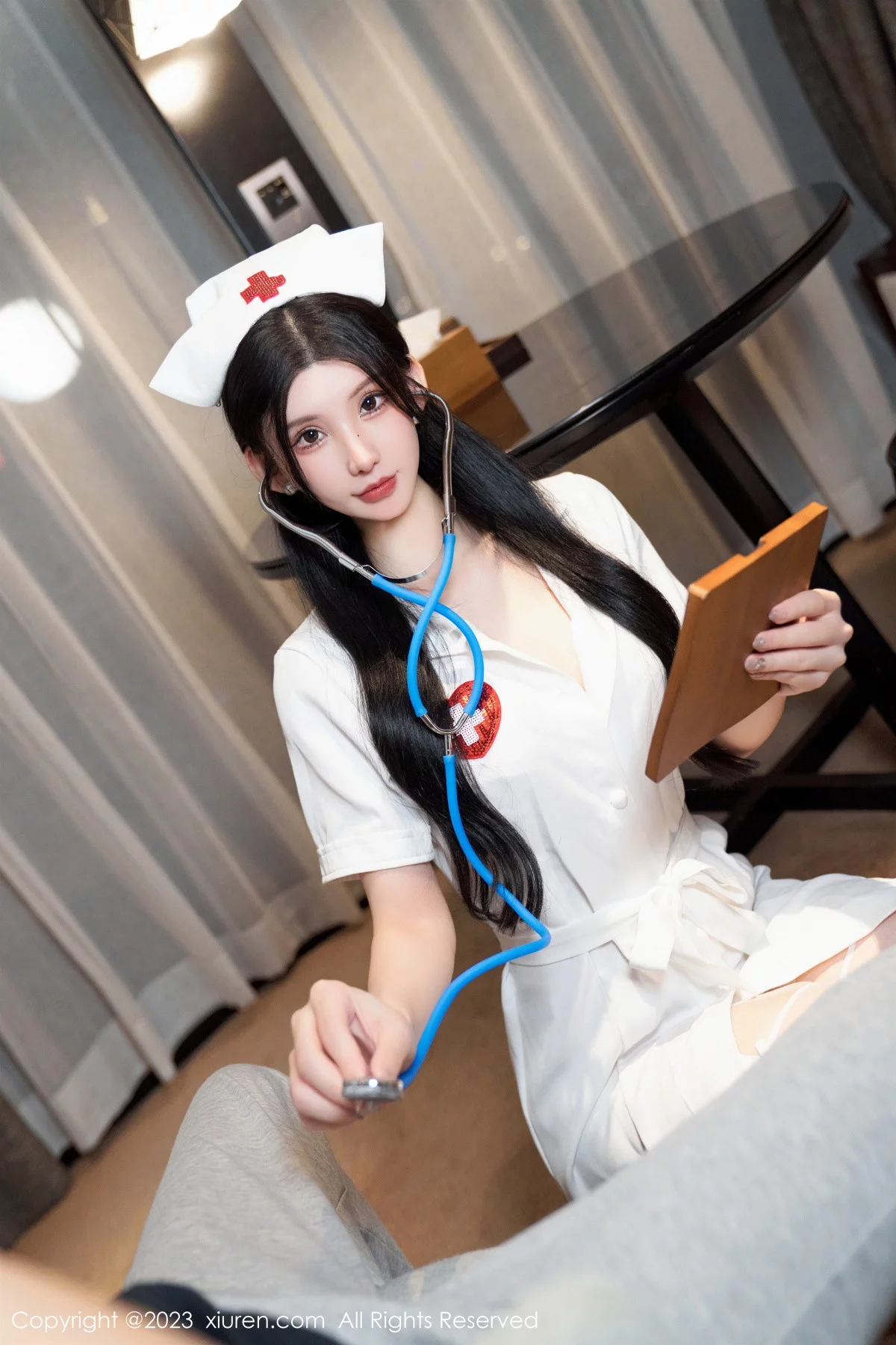 XiuRen第7755期_女神周于希Sally私人护士主题性感红色蕾丝内衣配白丝袜诱惑写真94P