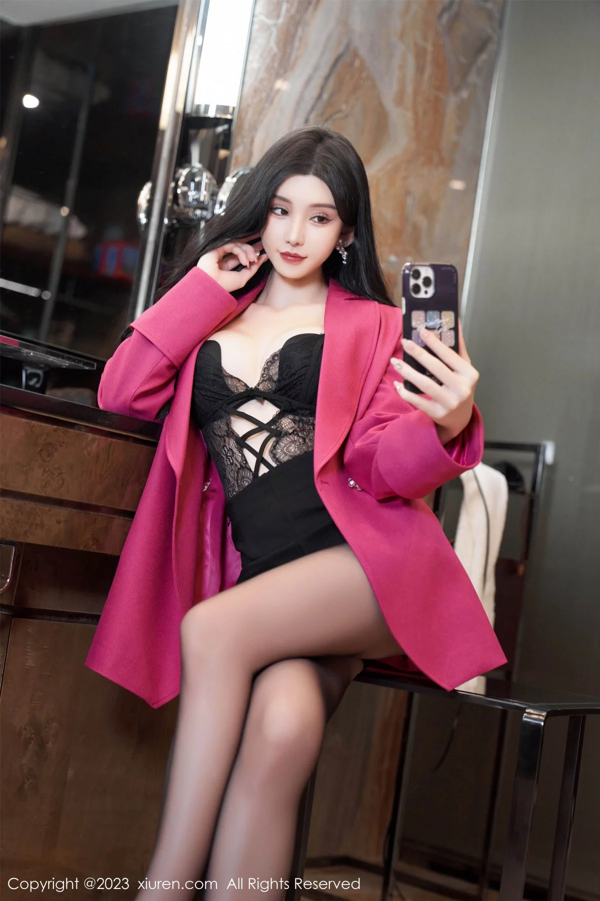 XiuRen第7787期_女神周于希Sally性感黑色蕾丝情趣内衣配超薄黑丝极致魅惑写真109P