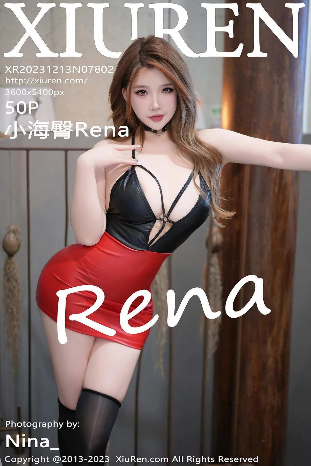 XiuRen第7802期_模特小海臀Rena性感红黑情趣服饰配黑丝袜秀翘臀美腿诱惑写真50P