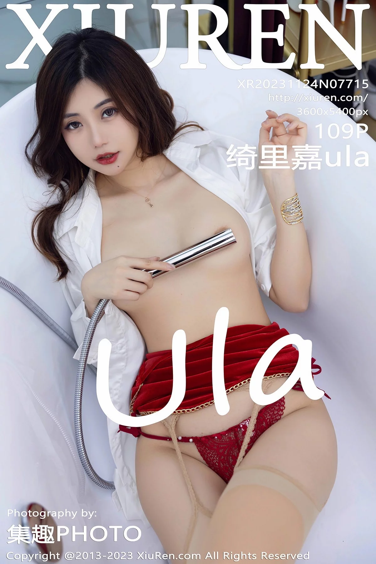XiuRen第7715期_女神绮里嘉ula性感红色露肩短裙配肉丝吊袜秀曼妙身姿诱惑写真109P
