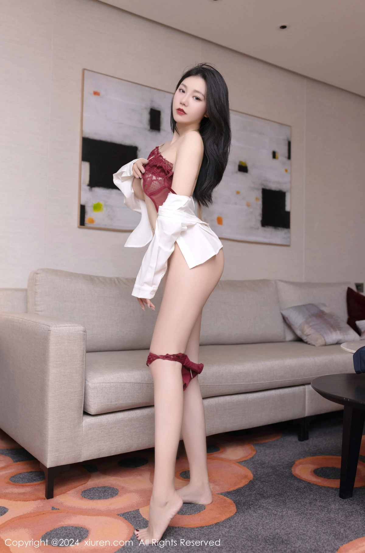 XiuRen第7968期_模特安然anran性感空姐制服露红色蕾丝内衣秀柔美身姿诱惑写真79P