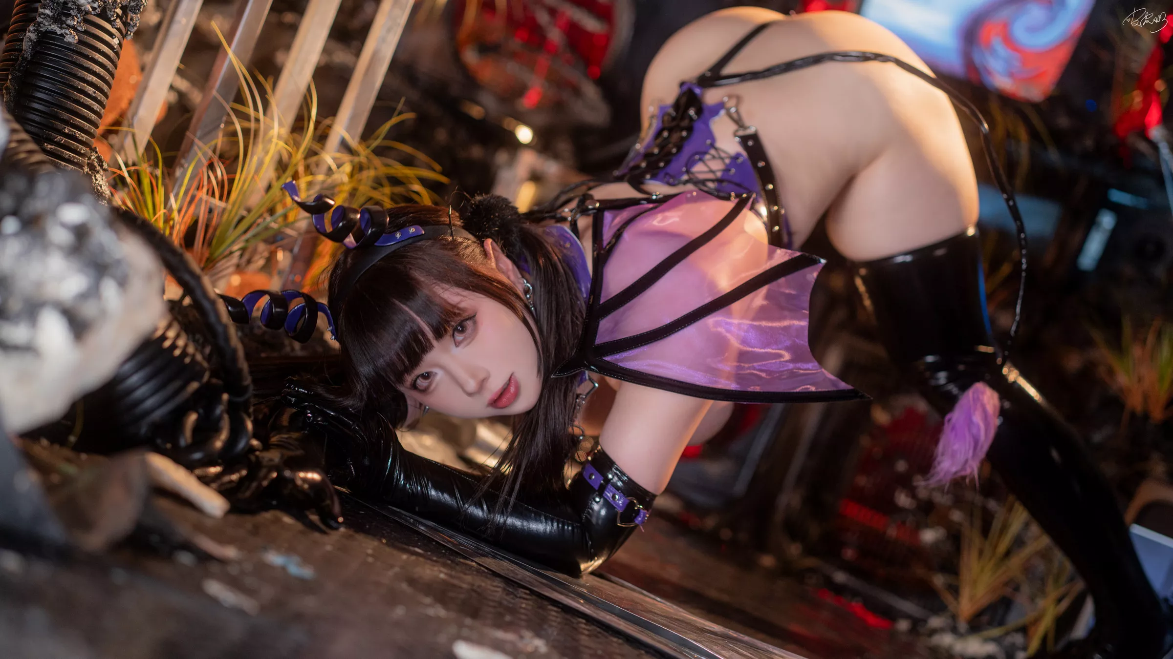 网络美女皮皮奶可可爱了啦赛博魅魔主题性感紫色皮质情趣服饰秀丰满身材惹火诱惑写真100P